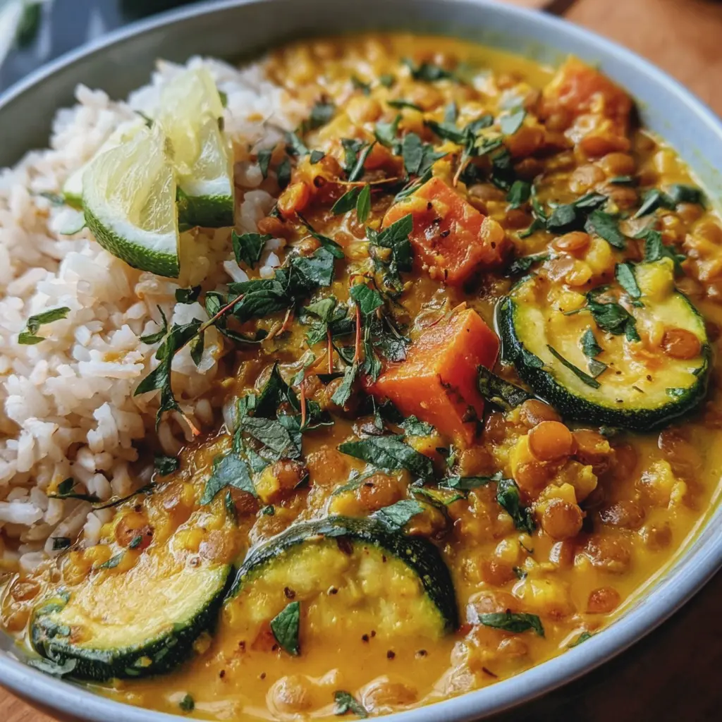 Curry doux de courgettes & lentilles corail au lait de coco