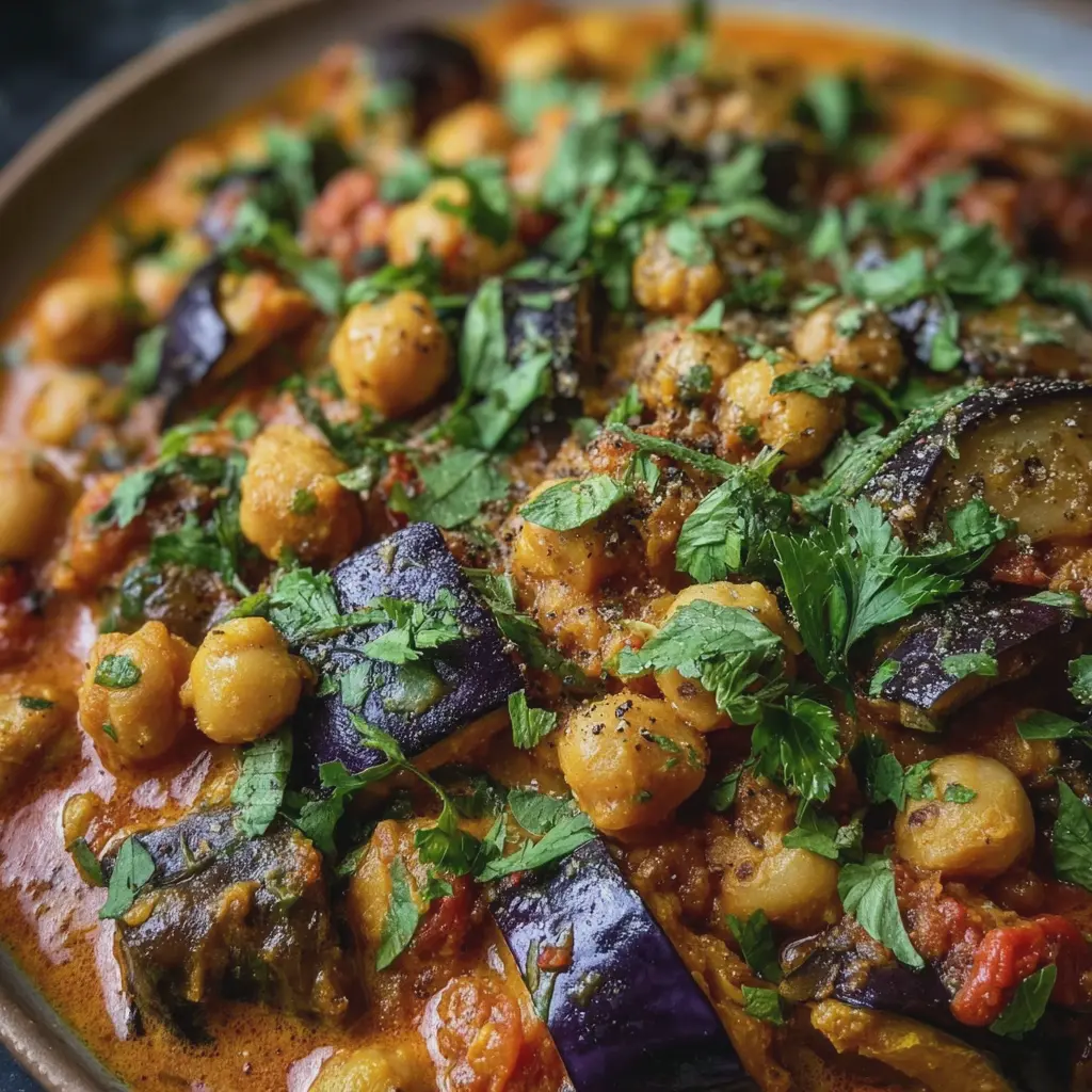 Curry de Pois Chiches, Aubergines & Coriandre Fraîche