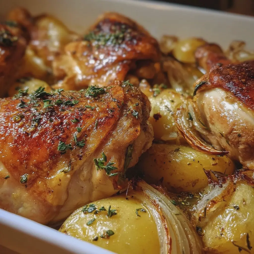 Cuisses de poulet aux pommes de terre boulangères