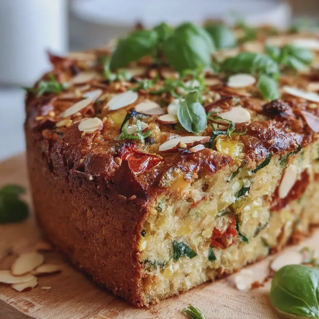 Cake Salé aux Légumes d’Été, Basilic & Amandes Effilées