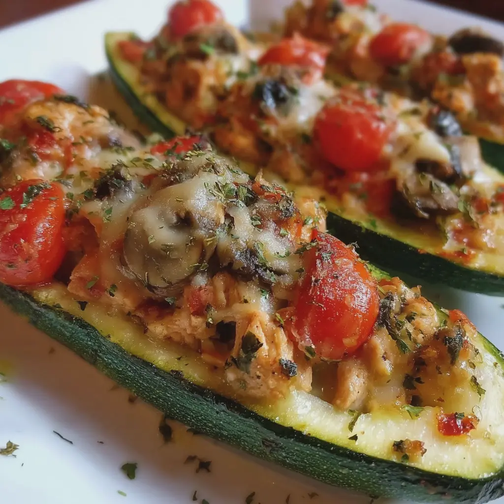 Courgettes farcies légères au poulet, champignons et tomate