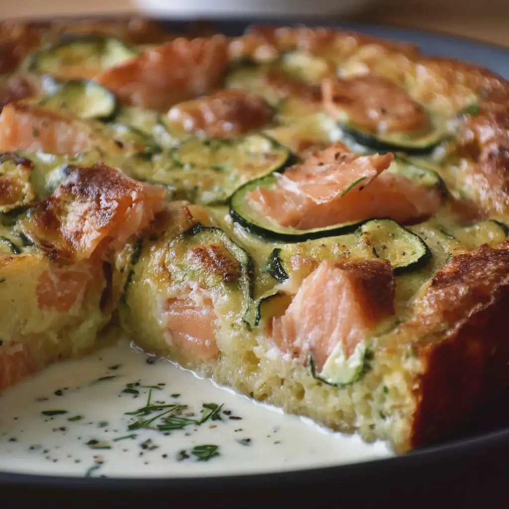 Clafoutis salé au saumon fumé et courgettes au four, sauce légère à la crème