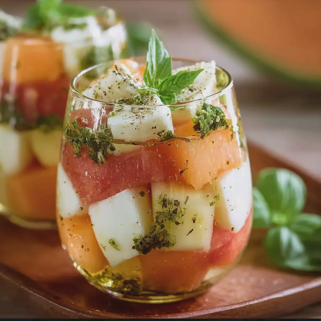 Verrines Melon-Pastèque, Mozzarella et Basilic, Vinaigrette au Miel Doux