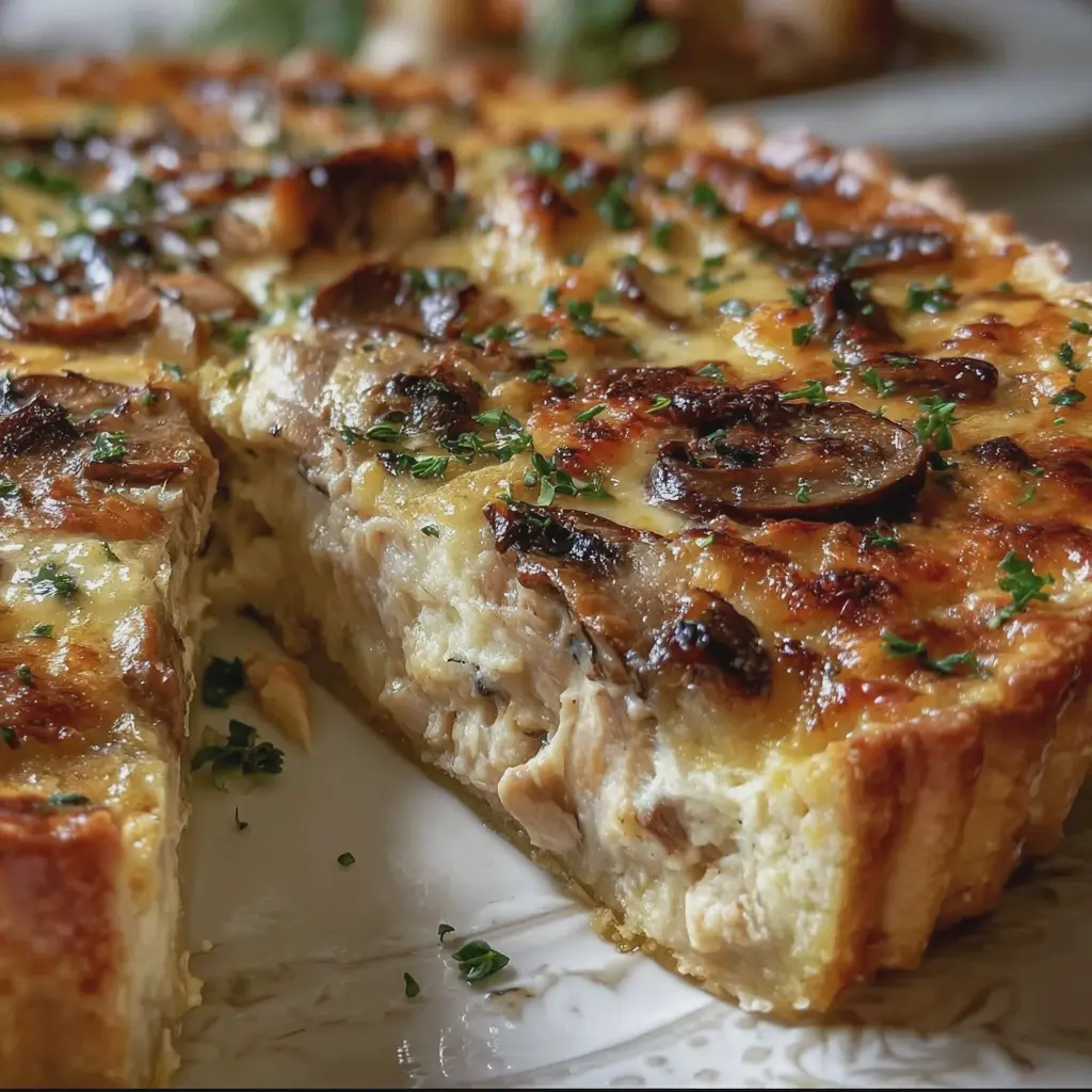 Quiche Crémeuse au Poulet et Champignons Gratinée
