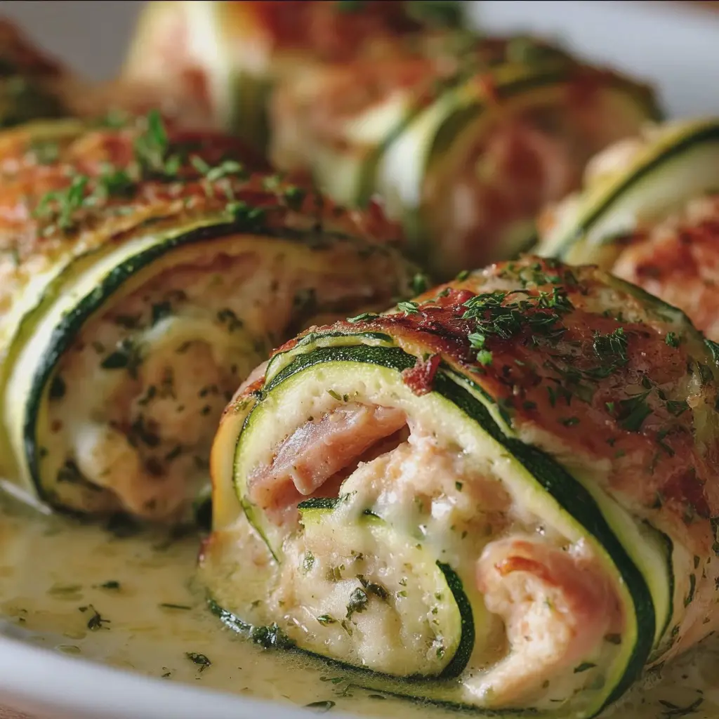 Roulés de Courgettes au Jambon de Poulet, Sauce Légère à l’Ail
