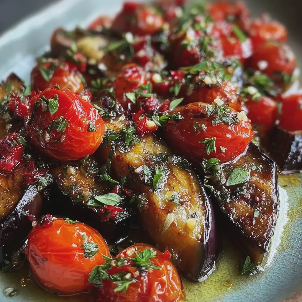Aubergine confite à l’ail, tomates cerises & origan