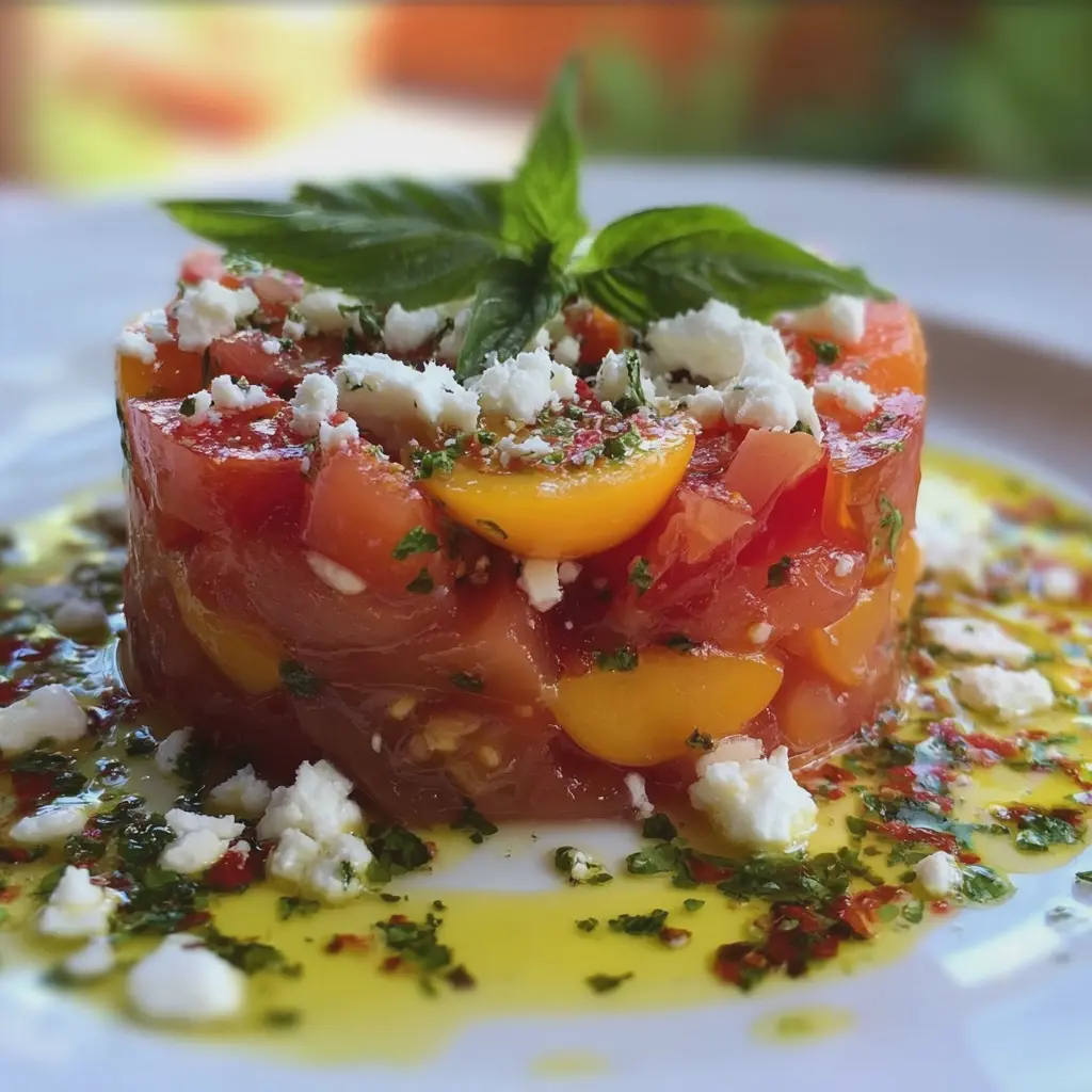 Tartare de Pêches, Tomates & Feta, Sauce au Basilic et Huile d’Olive Vierge