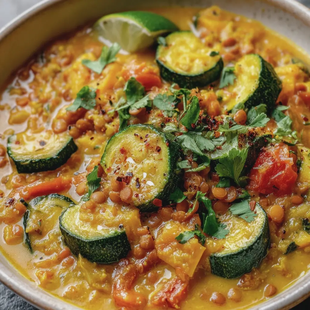 Curry doux de courgettes & lentilles corail au lait de coco