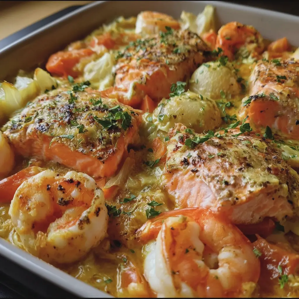 Baeckeoffe de poisson au saumon, cabillaud et crevettes