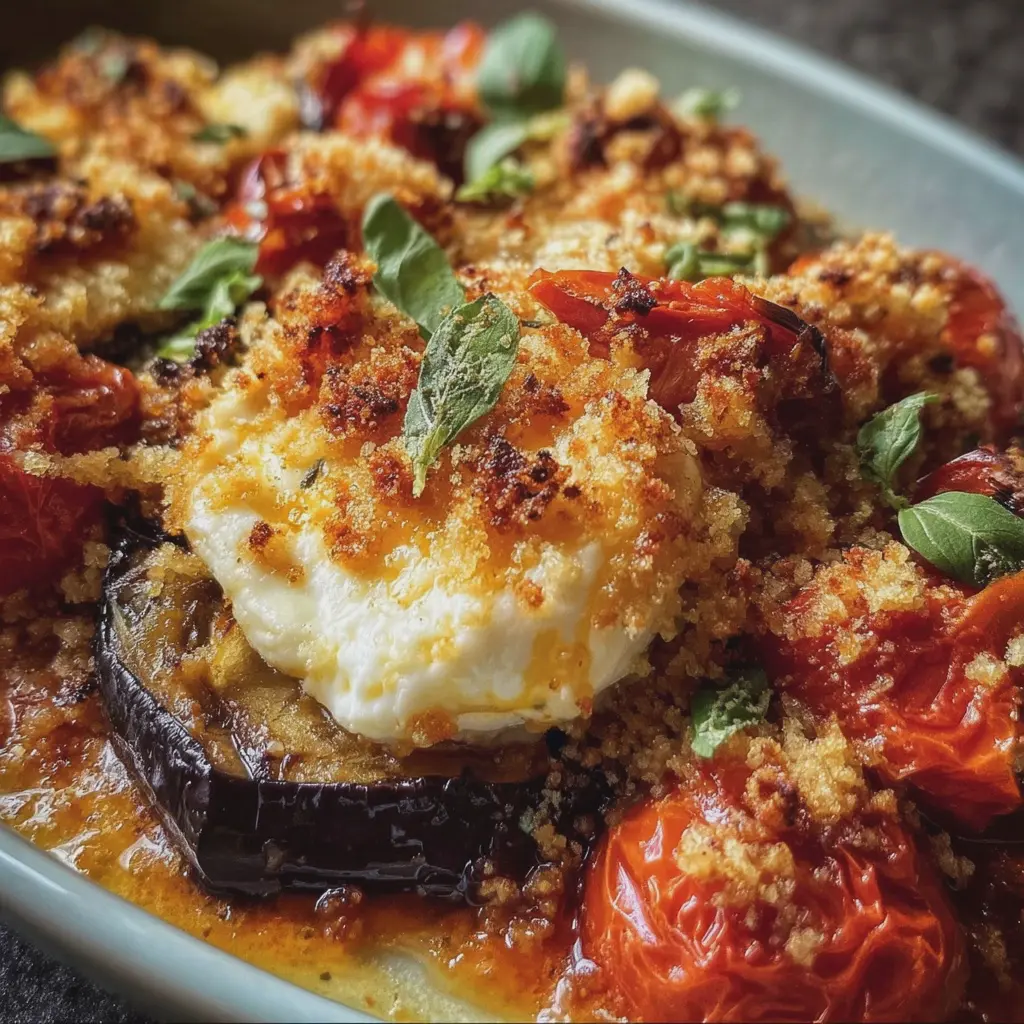 Crumble Tomates, Aubergines & Mozzarella Fondante