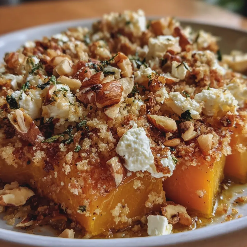 Crumble salé de courge rôtie, chèvre frais & noisettes