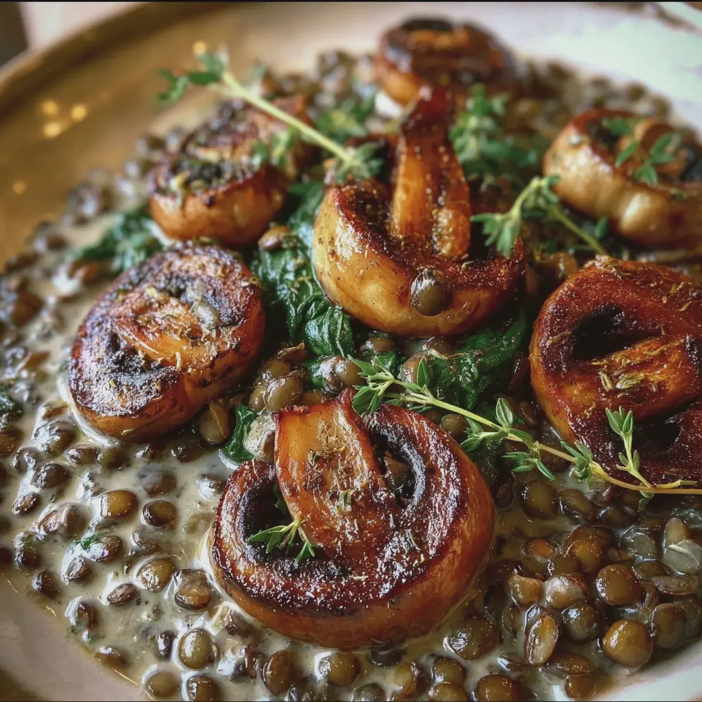 Lentilles Vertes & Champignons Rôtis à la Crème
