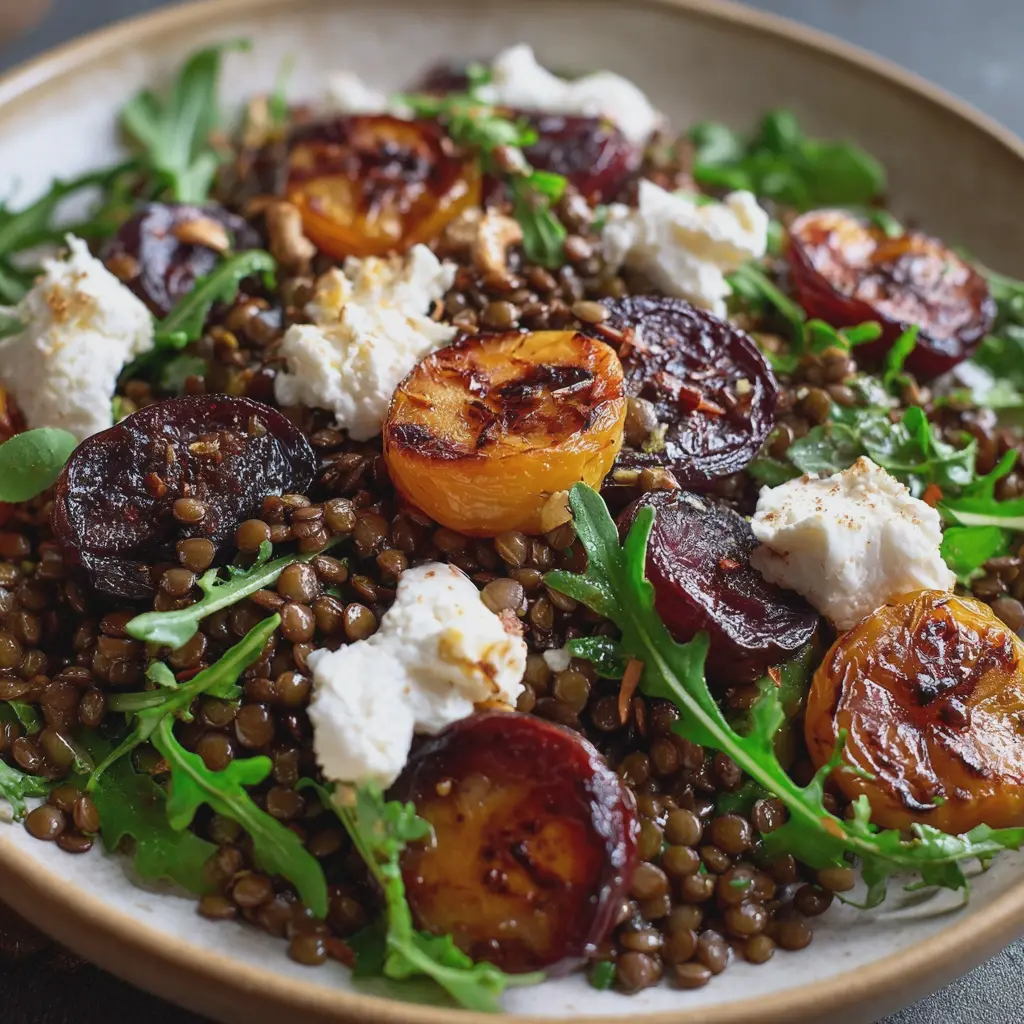Salade Tiède de Lentilles, Prunes Rôties & Fromage de Chèvre
