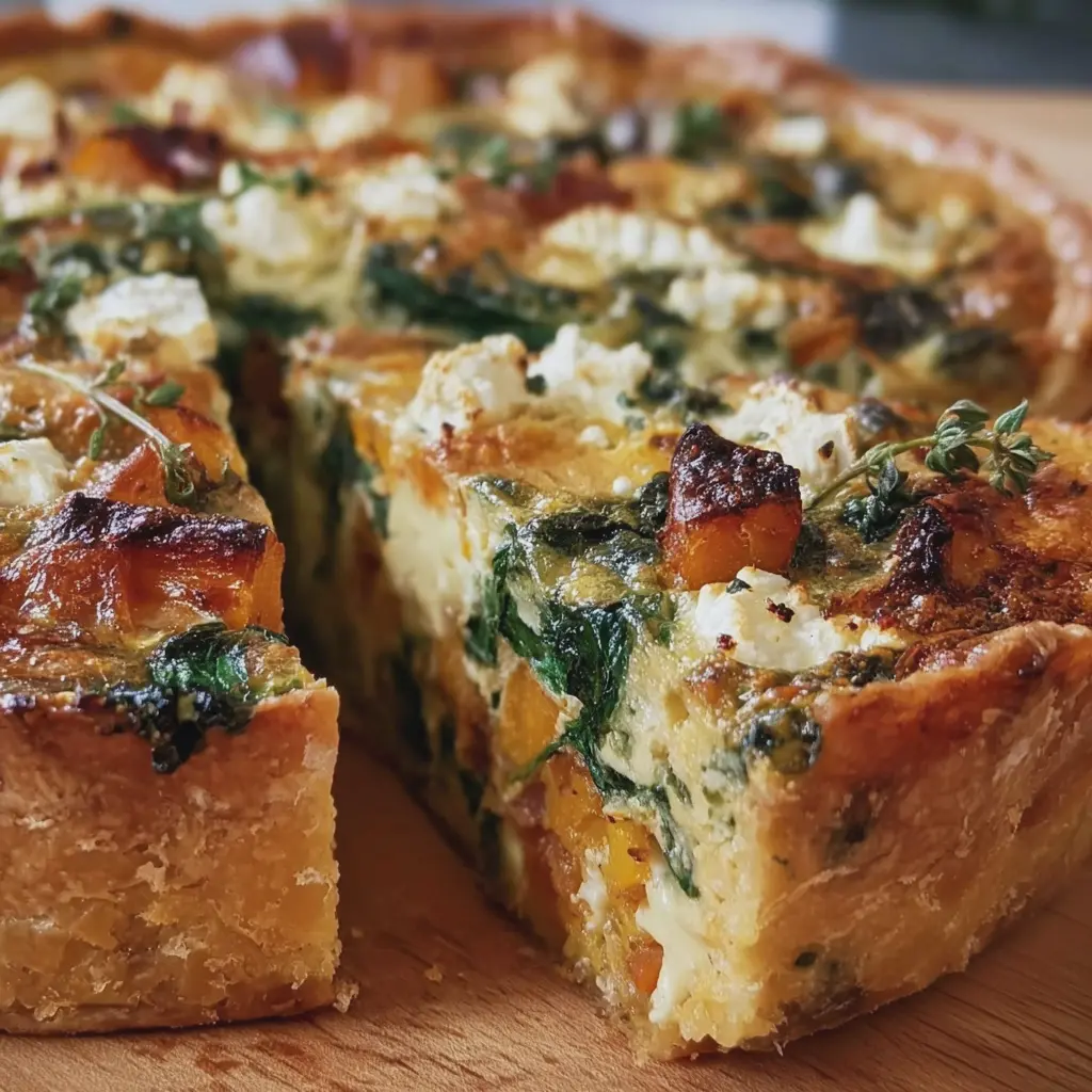 Quiche croquante de patates douces & épinards, feta, miel & oignons caramélisés