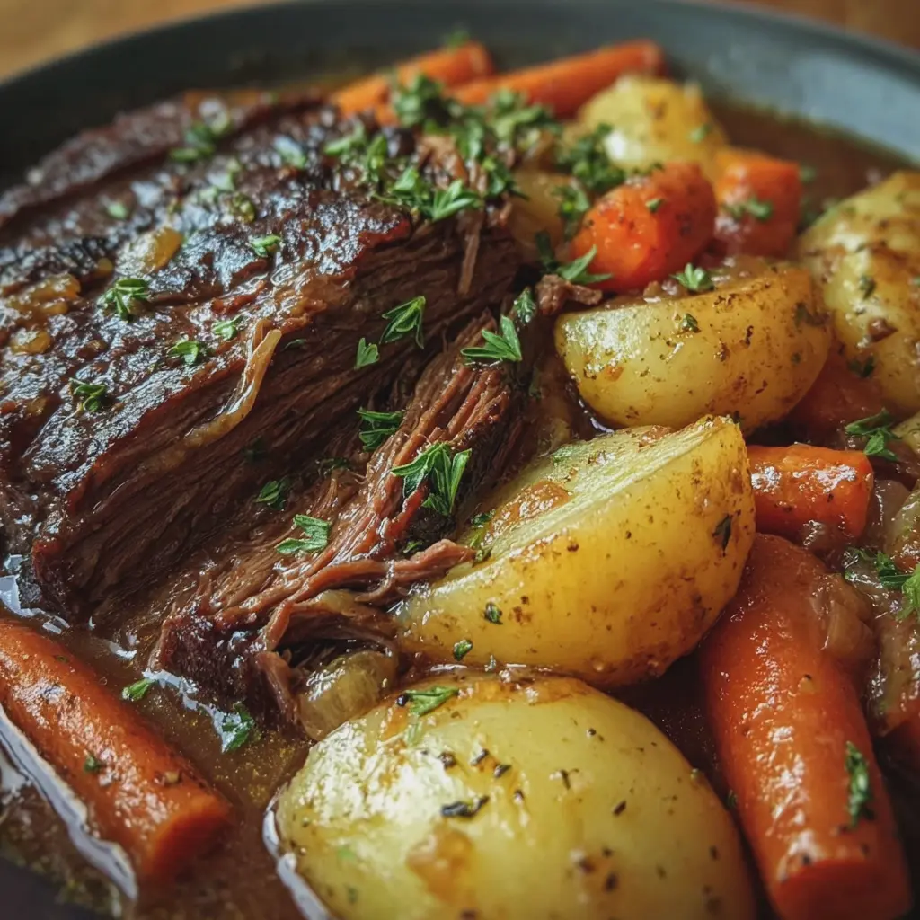 Rôti de Bœuf Mijoté à la Crème Brune avec Pommes de Terre et Carottes