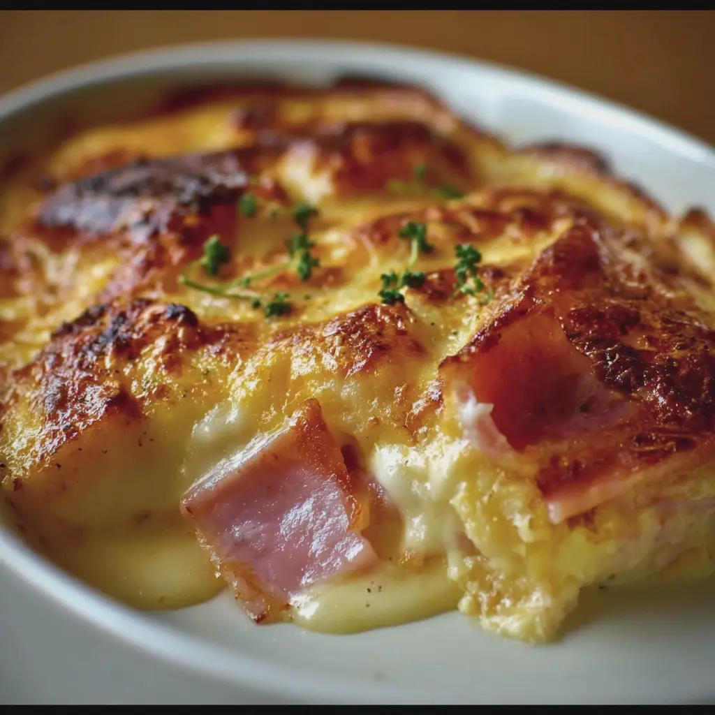 Gratin d’œufs au jambon, sauce crémeuse et fromage fondant