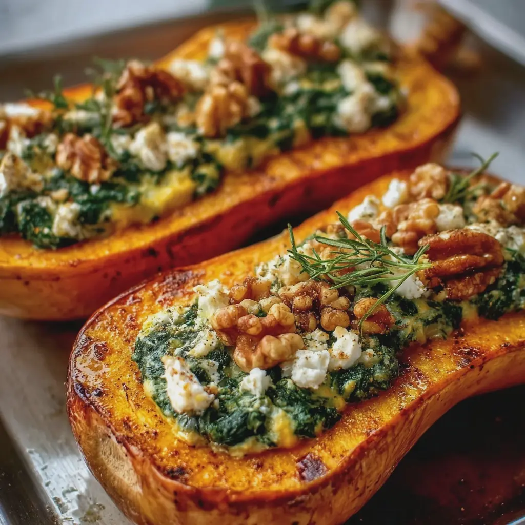 Courges butternut farcies aux épinards, feta & noix