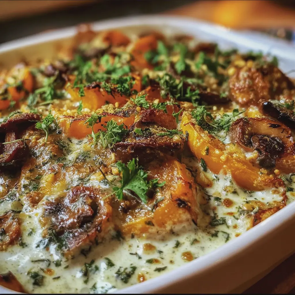 Gratin de Butternut & Champignons, Crème de Cajou aux Herbes