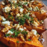 Patate douce rôtie au miel, feta & noix