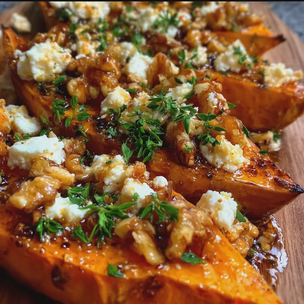Patate douce rôtie au miel, feta & noix
