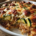 Gratin de courgettes, riz et saucisses