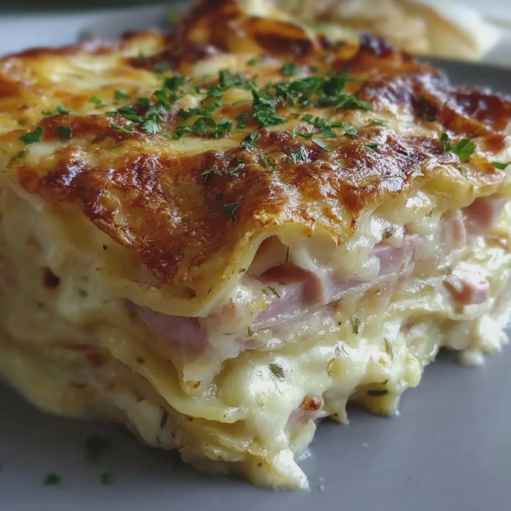 Lasagnes au jambon de poulet, fromage et béchamel onctueuse