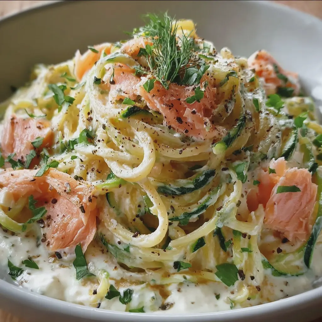 Spaghettis aux Courgettes, Saumon Fumé et Crème de Chèvre