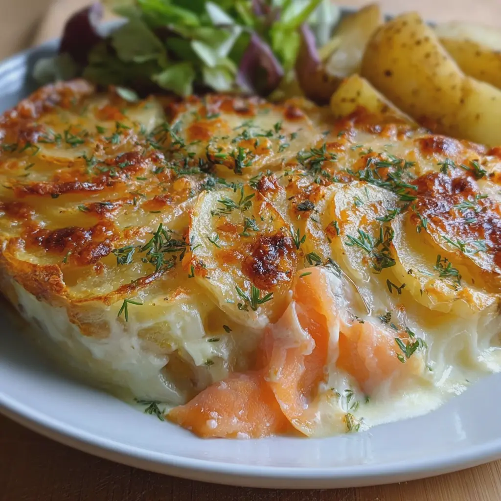Gratin de pommes de terre au saumon fumé, crémeux et fondant !