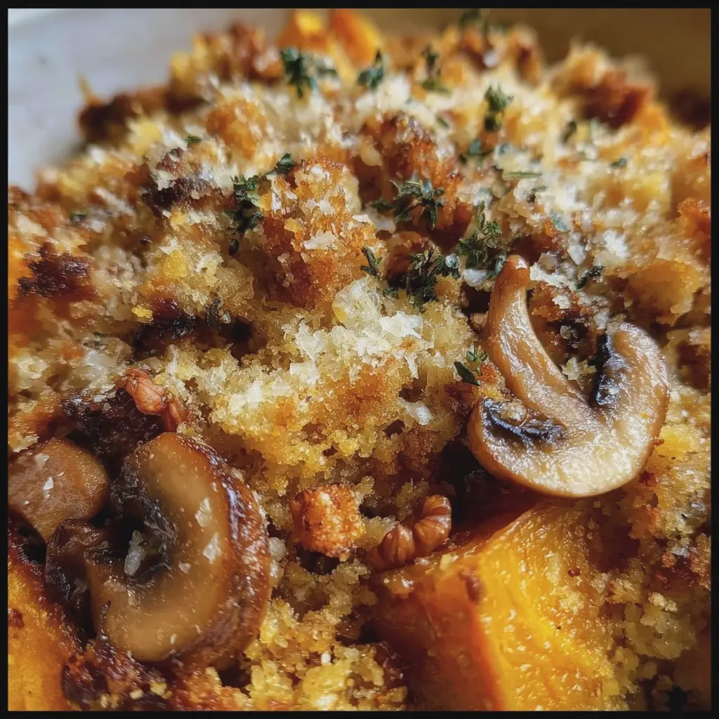 Crumble salé Potimarron–Champignons, Parmesan & Noix