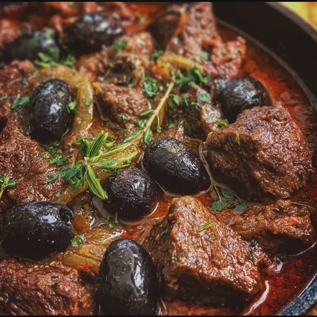 Bœuf mijoté aux olives noires, façon corse