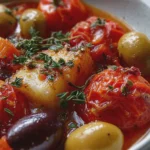 Morue Confite dans une Sauce Tomate à l’Ail et aux Olives