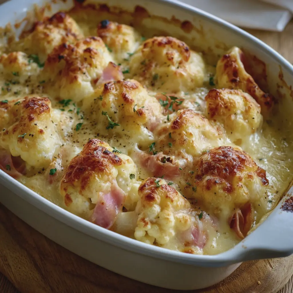 Gratin de chou-fleur au jambon et à la béchamel