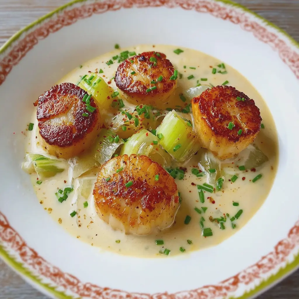 Noix de Saint-Jacques poêlées sur fondue de poireaux , sauce crémeuse et citronnée